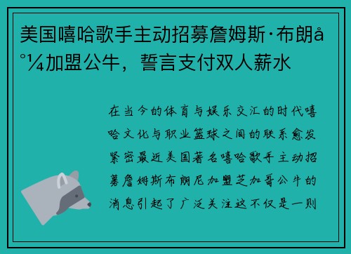 美国嘻哈歌手主动招募詹姆斯·布朗尼加盟公牛，誓言支付双人薪水