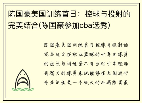 陈国豪美国训练首日：控球与投射的完美结合(陈国豪参加cba选秀)