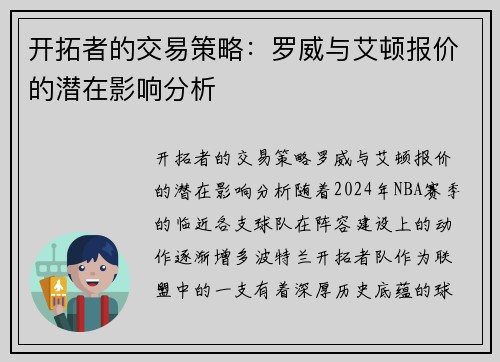 开拓者的交易策略：罗威与艾顿报价的潜在影响分析